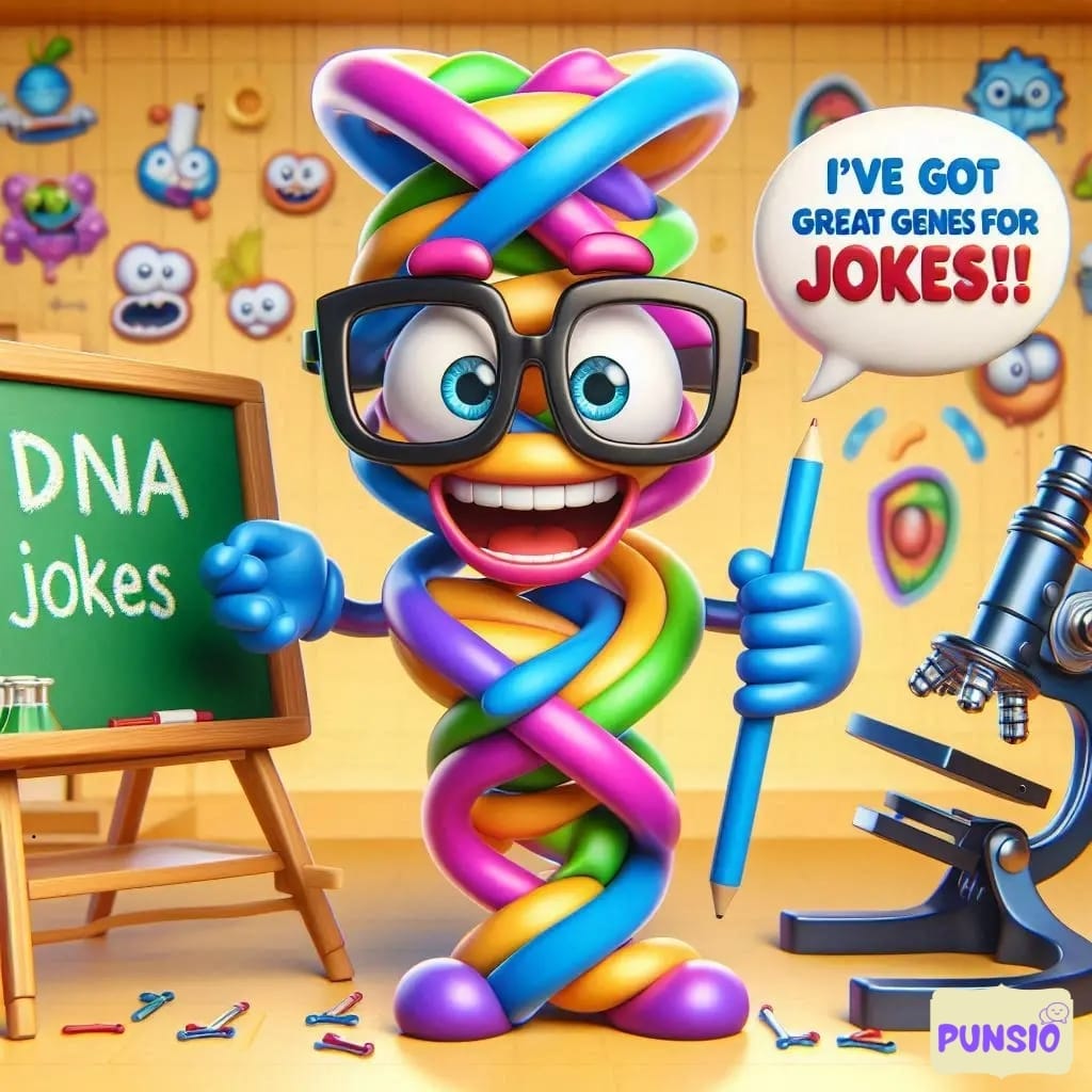 Colorful twisted DNA strand with glasses holding a pencil, smiling confidently.