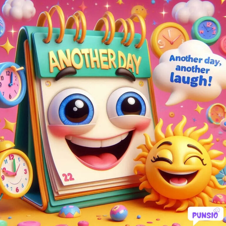 Smiling calendar page with a sun and clocks, saying, "Another day, another laugh!"