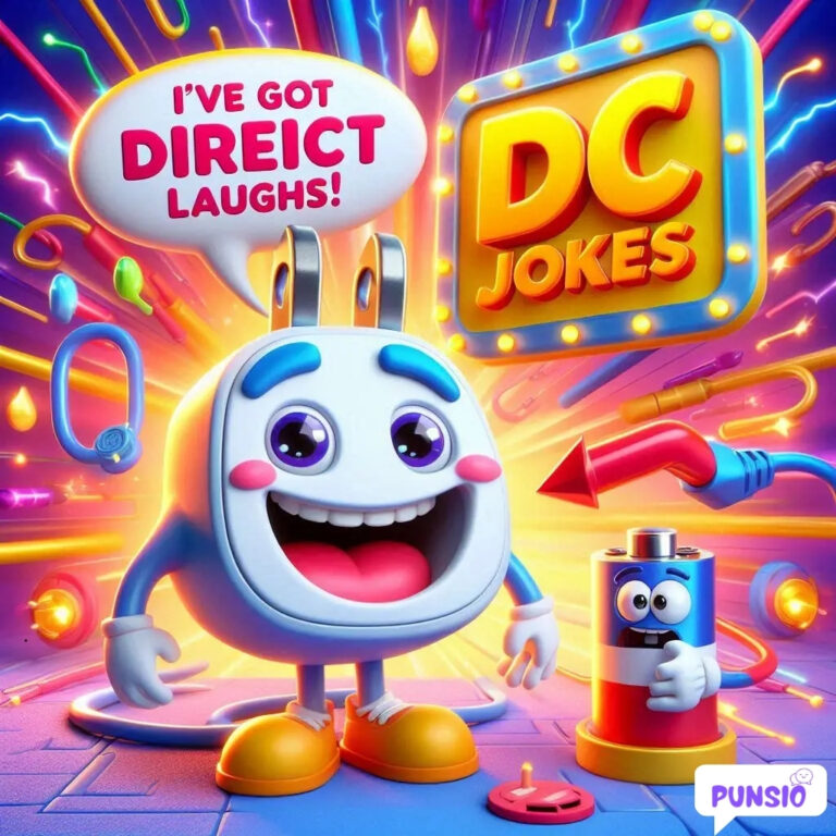 A playful character grinning with a battery, bright colors and light effects.