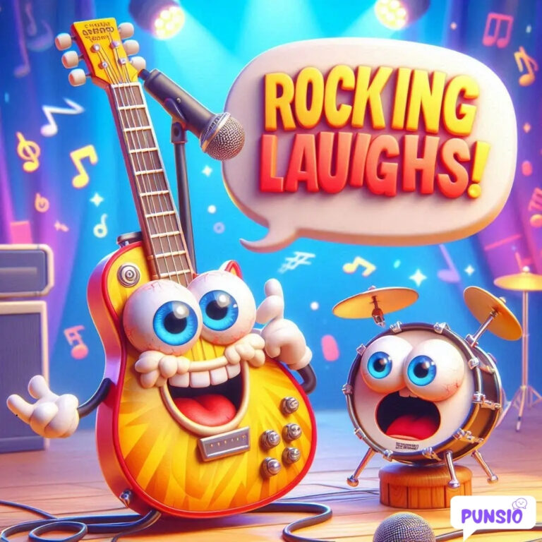 A smiling guitar with glasses and a drum with wide eyes, both looking excited.