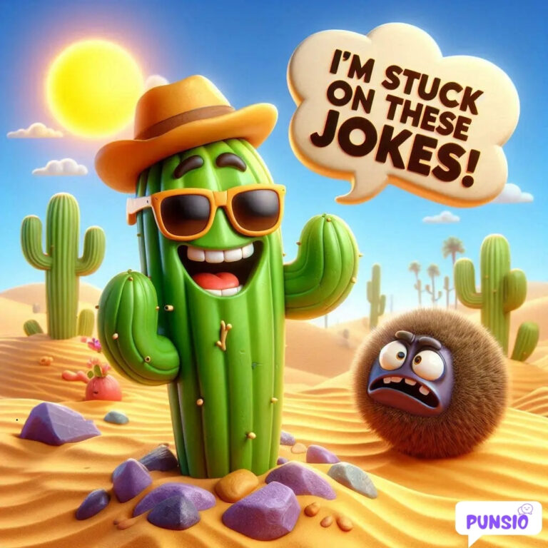 A cheerful cactus wearing sunglasses and a hat, with a surprised creature nearby.