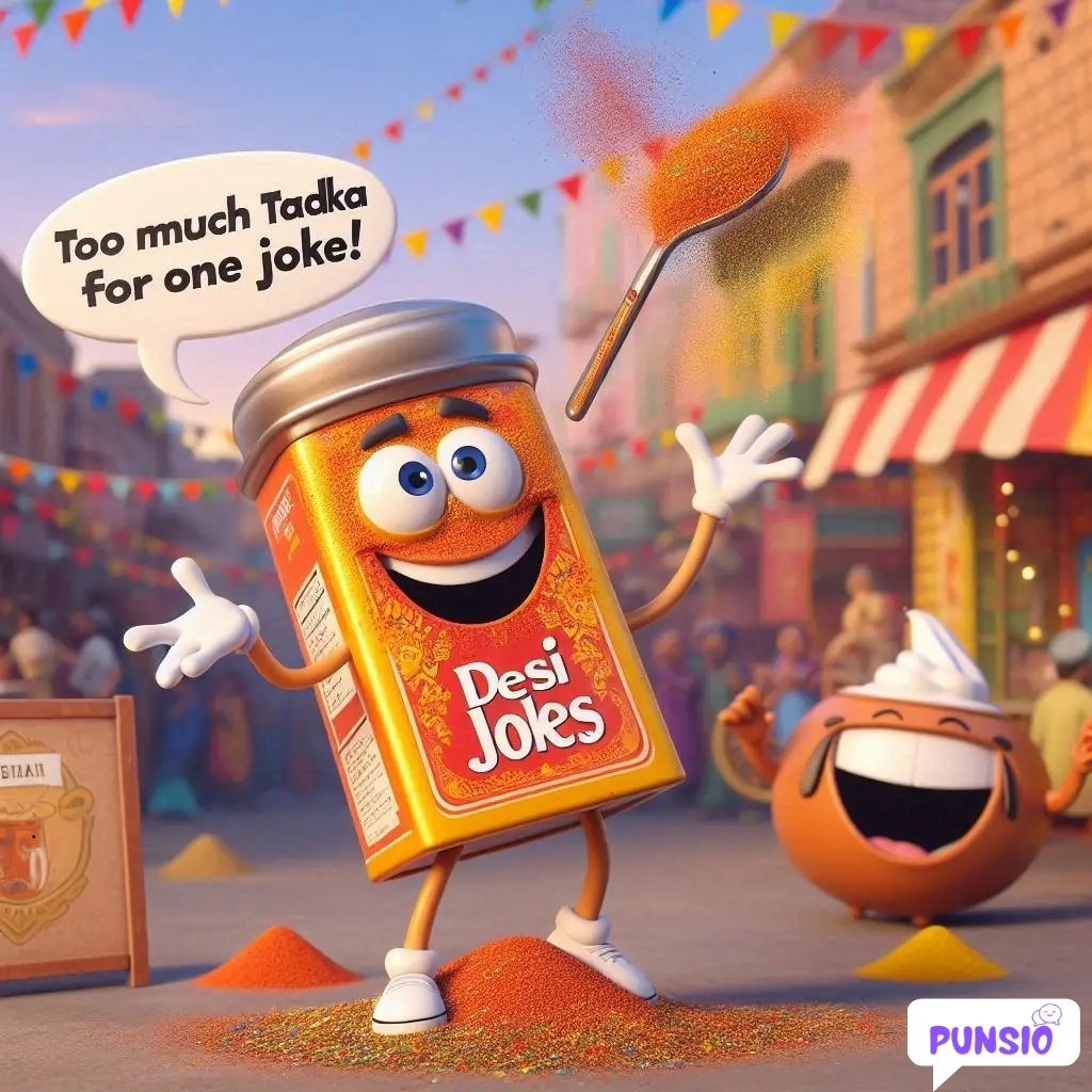 Container of Desi Jokes laughing while holding a spoonful of spice, surrounded by colorful decorations.