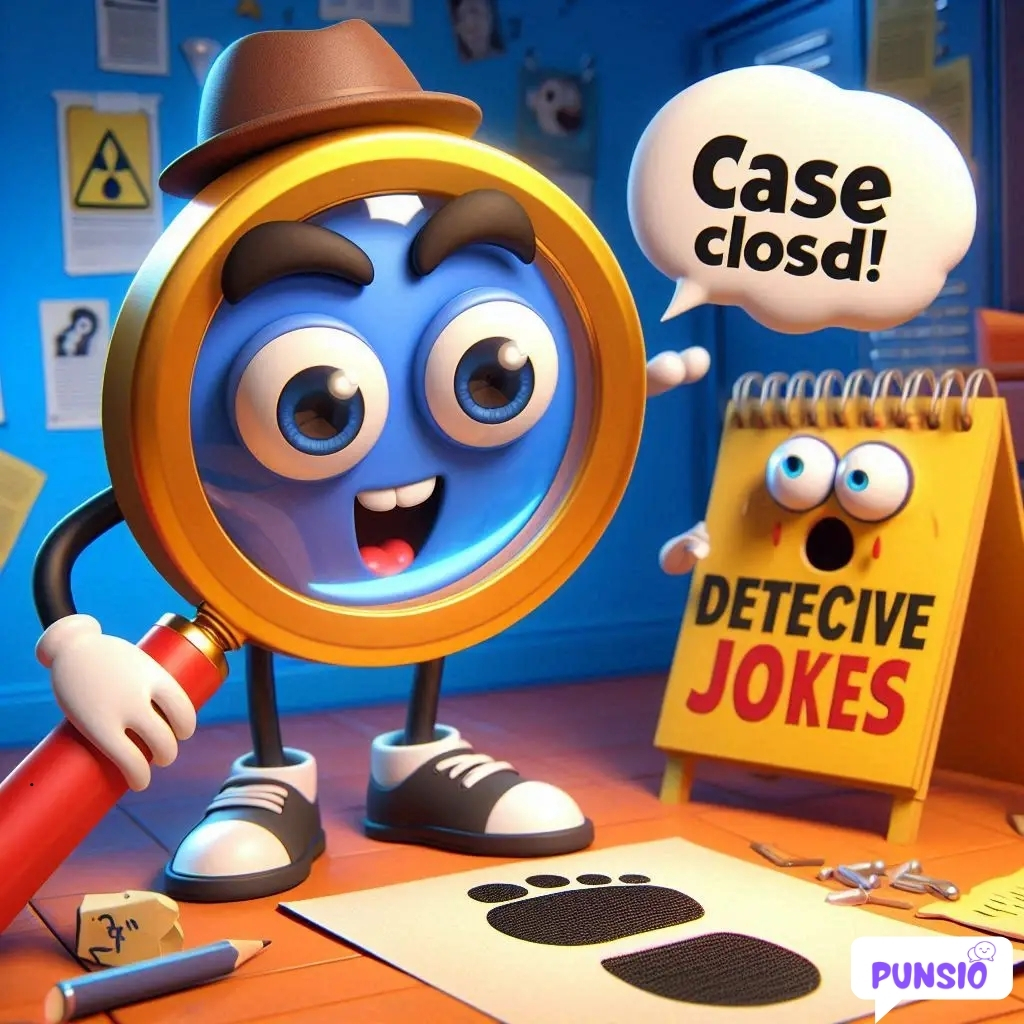 Blue magnifying glass character with a hat says 'Case closed!' next to shocked character and a sign for 'Detective Jokes'.