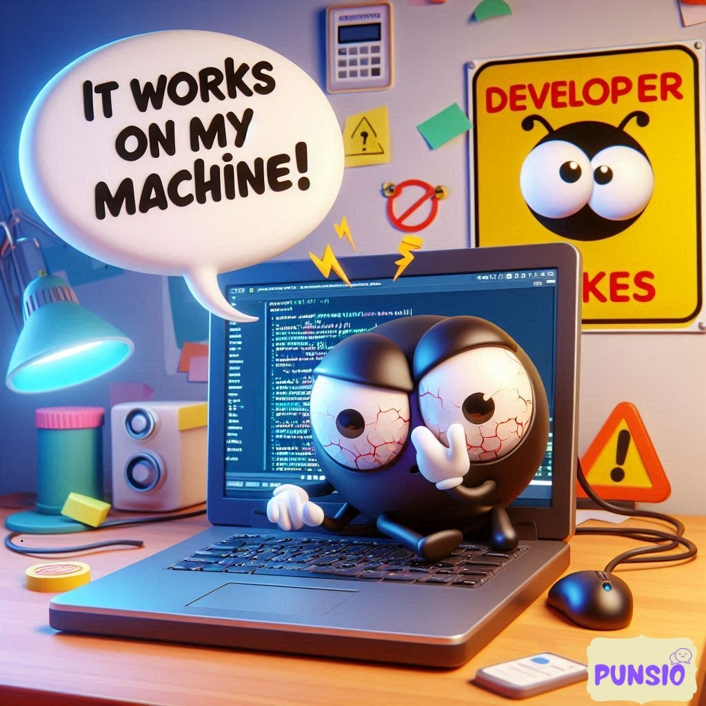 A quirky creature with big eyes sits on a laptop, saying, "It works on my machine!"