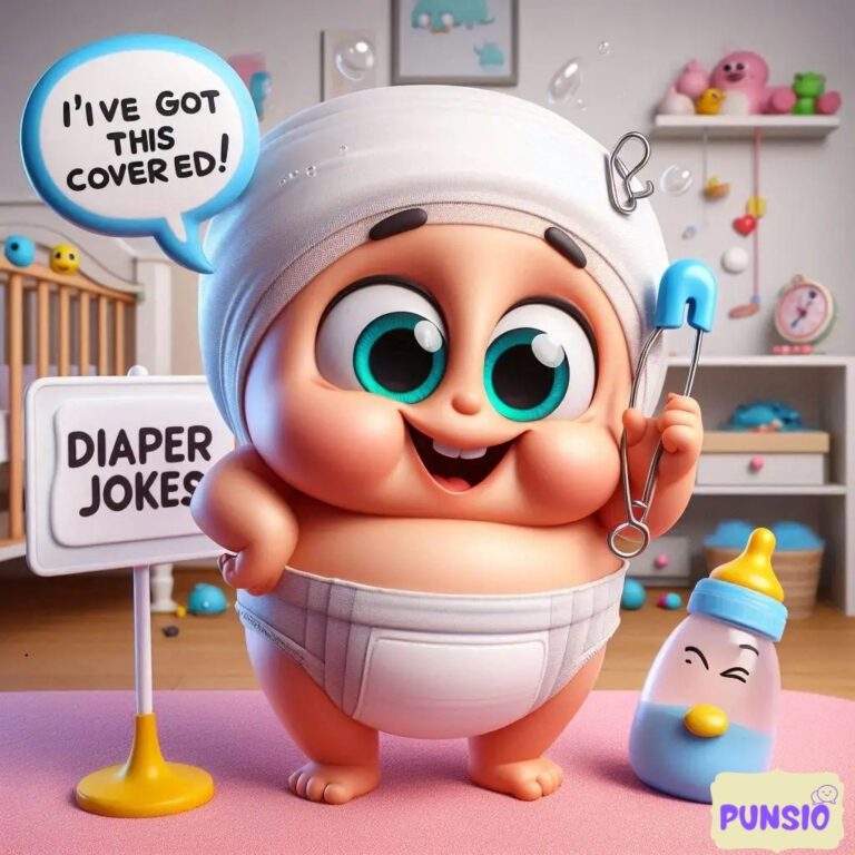 Baby in a diaper holding a pin, smiling with a towel on its head, next to a sign saying 'DIAPER JOKES'.
