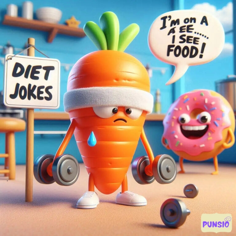 Carrot with dumbbells sweating in gym, donut smiling, humor about diet.