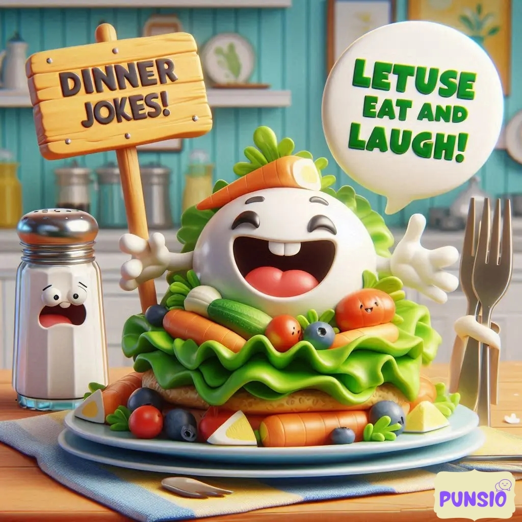 A cheerful salad character with a sign saying 'DINNER JOKES!' surrounded by vegetables and a salt shaker with a shocked ex...
