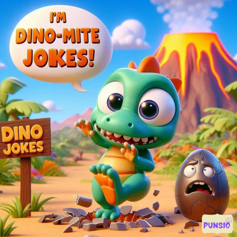 A playful dinosaur exclaims, 'I'm DINO-MITE JOKES!' in a volcanic landscape.