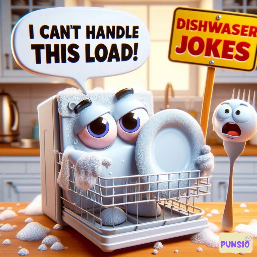 A washing machine cartoon character in a soap bubble-filled dishwasher.