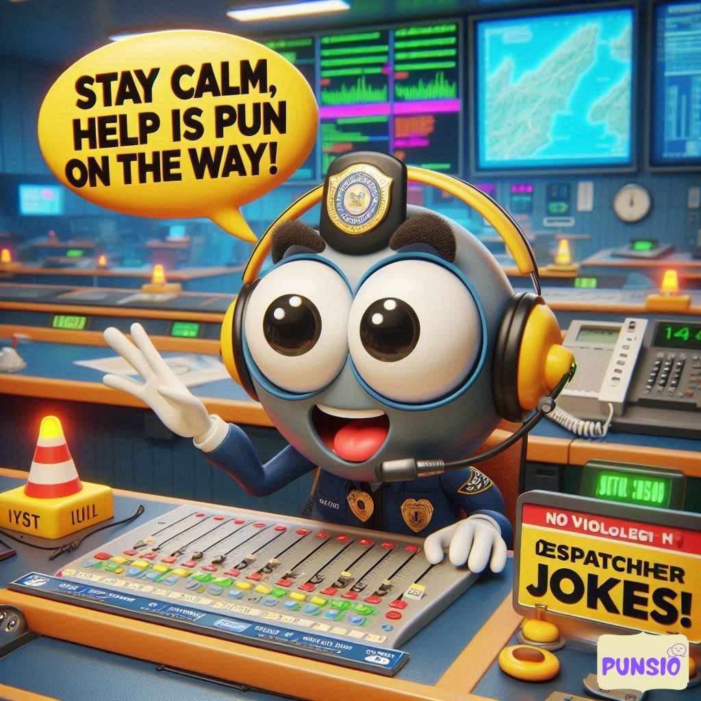 A cheerful dispatcher with big eyes giving a thumbs up. Text bubble says, 'Stay calm, help is pun on the way!'