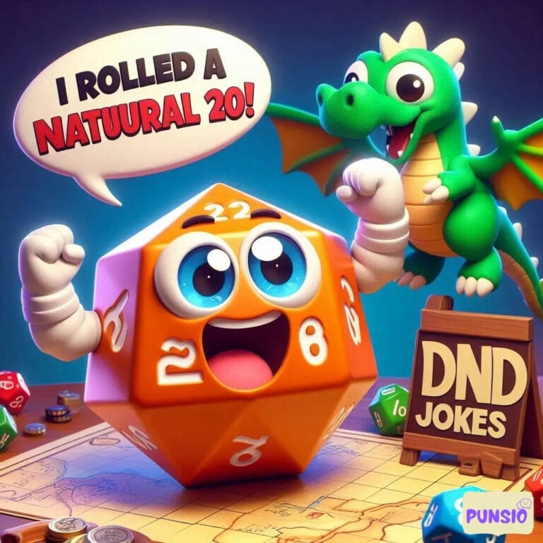 Excited dice with arms exclaims about rolling a natural 20, with a green dragon nearby, all on a D&D map.