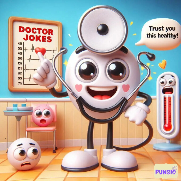 A smiling doctor with a stethoscope checks a patient, surrounded by funny elements.