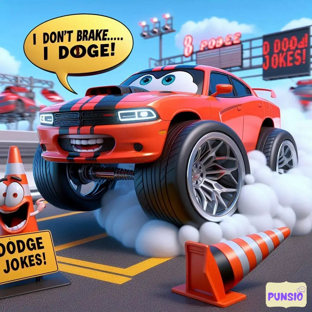 Red car with oversized wheels speeding, humorously stating 'I don't brake... I dodge!'