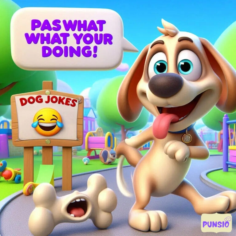 Excited dog with a sign saying 'Dog Jokes' and a surprised puppy chewing a bone.