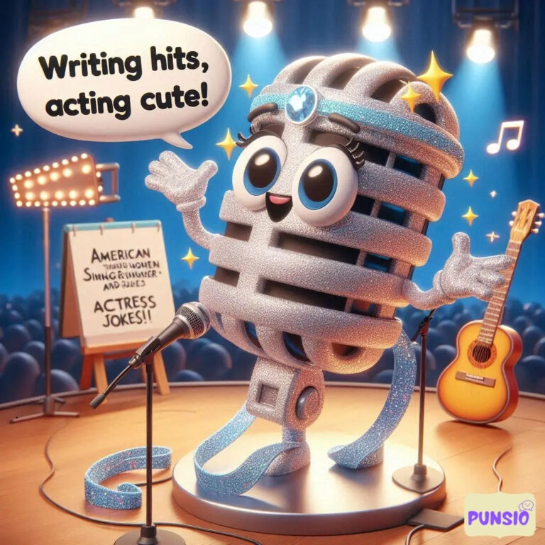 Sparkly microphone character with arms, exclaiming a joke, guitar in the background.