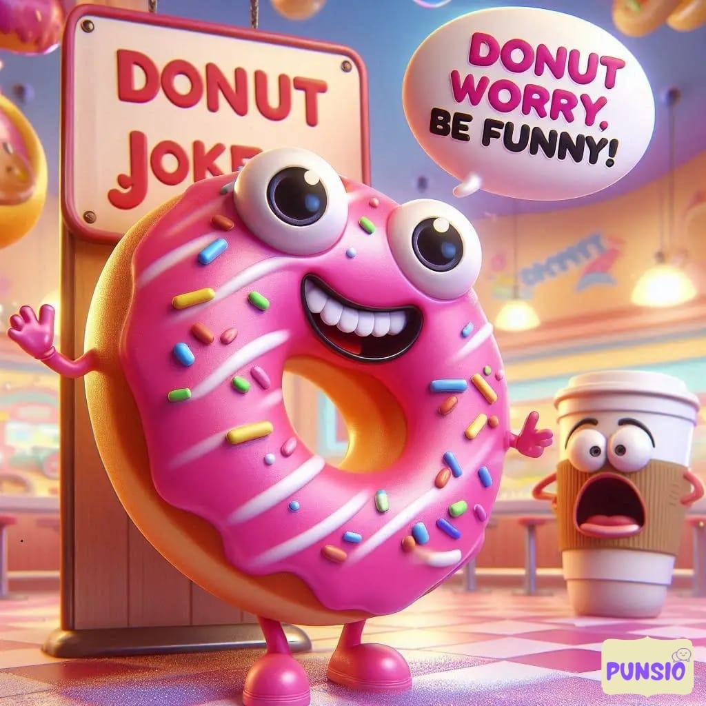 A cheerful pink donut with big eyes and sprinkles stands next to a sign saying 'DONUT JOKER.'