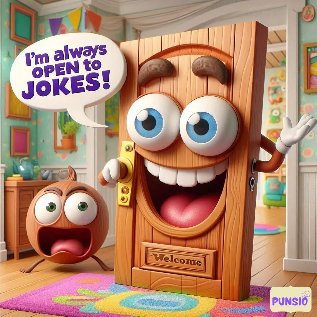A smiling door with big eyes and a round character looks surprised. Text: 'I'm always OPEN to JOKES!'